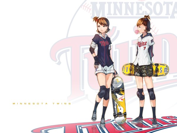 Anime picture 1200x900 with idolmaster futami mami futami ami ekao short hair brown hair brown eyes realistic one side up siblings twins casual baseball hair ornament jacket shorts hair tie hoodie hair bobbles knee pads