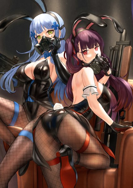 Anime picture 707x1000 with girls frontline hk416 (girls frontline) wa2000 (girls frontline) qian wu atai long hair tall image looking at viewer fringe breasts light erotic simple background red eyes large breasts standing multiple girls green eyes animal ears cleavage silver hair purple hair