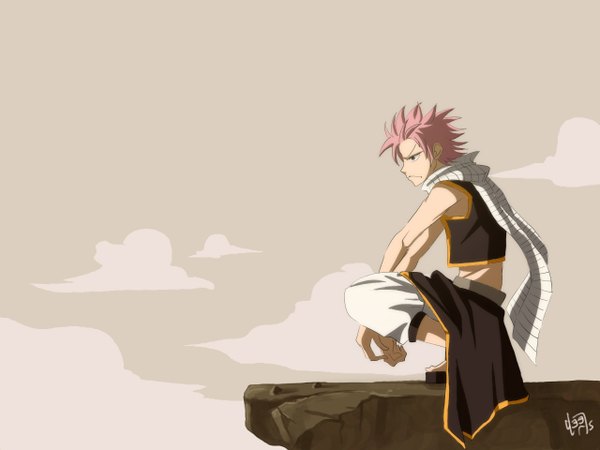 Anime picture 1280x960 with fairy tail natsu dragneel single fringe short hair signed looking away pink hair cloud (clouds) full body outdoors profile black eyes sleeveless squat rock boy jacket scarf