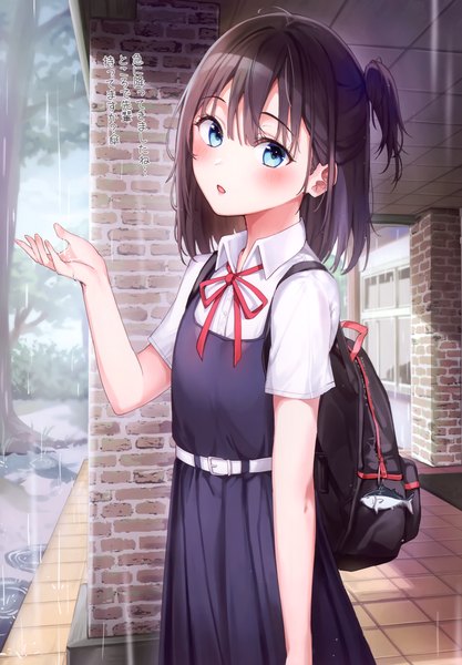 Anime picture 2406x3464 with original rangu single tall image looking at viewer blush fringe highres short hair open mouth blue eyes black hair hair between eyes standing blunt bangs arm up scan :o short sleeves one side up