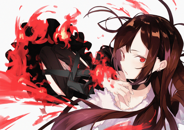 Anime picture 1000x708 with fate (series) fate/grand order yu mei-ren (fate) furisuku single long hair looking at viewer blush fringe open mouth simple background red eyes brown hair white background looking back fur trim piercing floating hair ear piercing hand on shoulder