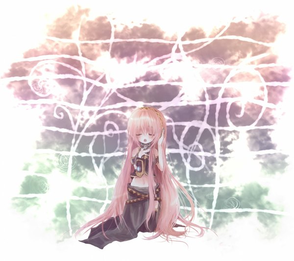 Anime picture 1127x1000 with vocaloid megurine luka long hair open mouth pink hair eyes closed girl detached sleeves headphones