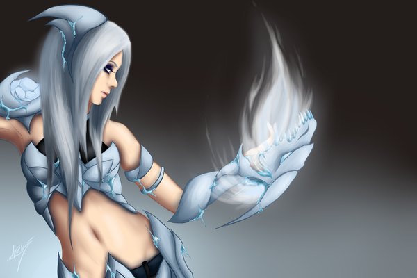 Anime picture 3000x2000 with league of legends shyvana (league of legends) zackargunov single long hair highres bare shoulders signed silver hair profile lipstick makeup blank eyes girl navel flame ice