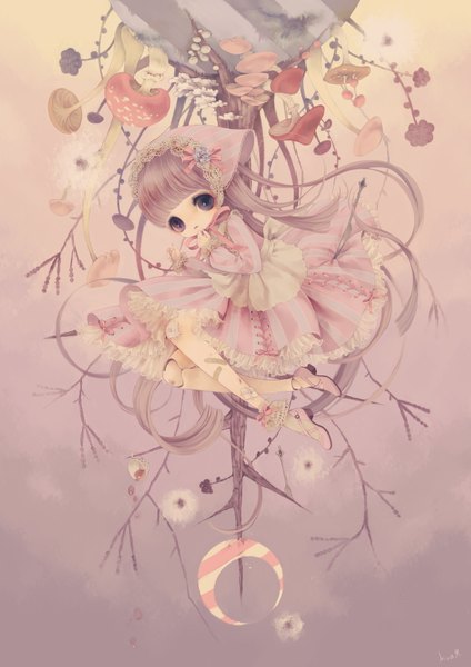 Anime picture 1169x1654 with original kabasawa kina (artist) single long hair tall image looking at viewer simple background brown hair brown eyes head tilt chibi upside down detailed girl dress ribbon (ribbons) plant (plants) tree (trees) moon branch
