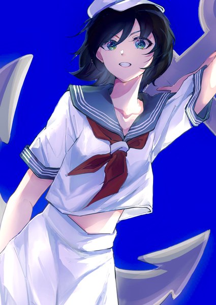 Anime picture 2179x3074 with touhou murasa minamitsu ringo orihara single tall image looking at viewer highres short hair black hair simple background green eyes teeth blue background girl hat sailor suit flat cap anchor