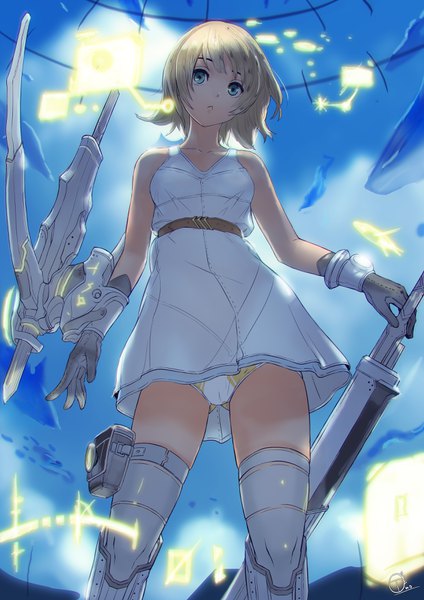 Anime picture 2480x3508 with original okuto single tall image looking at viewer fringe highres short hair breasts open mouth blue eyes light erotic blonde hair standing bare shoulders signed sky outdoors from below looking down