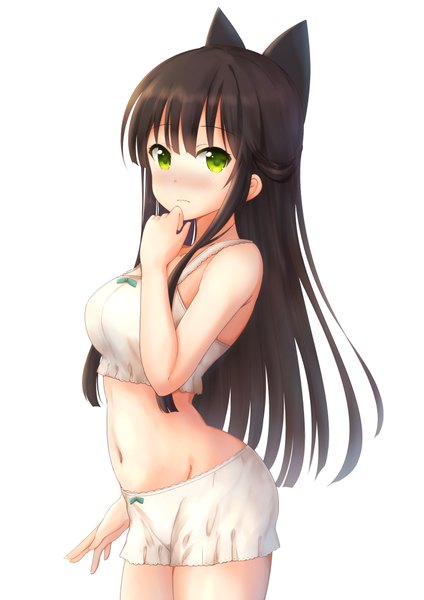 Anime picture 707x1000 with urara meirochou j.c. staff tatsumi kon kirimoti34 single long hair tall image looking at viewer blush fringe light erotic black hair simple background white background green eyes upper body blunt bangs embarrassed underwear only arched back