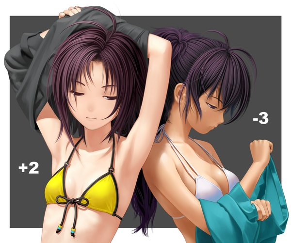 Anime picture 1196x1000 with idolmaster ganaha hibiki kikuchi makoto nekopuchi light erotic black hair multiple girls undressing girl 2 girls swimsuit bikini top