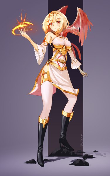 Anime picture 2070x3309 with original youl single tall image looking at viewer blush fringe highres short hair breasts blonde hair smile hair between eyes large breasts standing signed full body bent knee (knees) wide sleeves orange eyes
