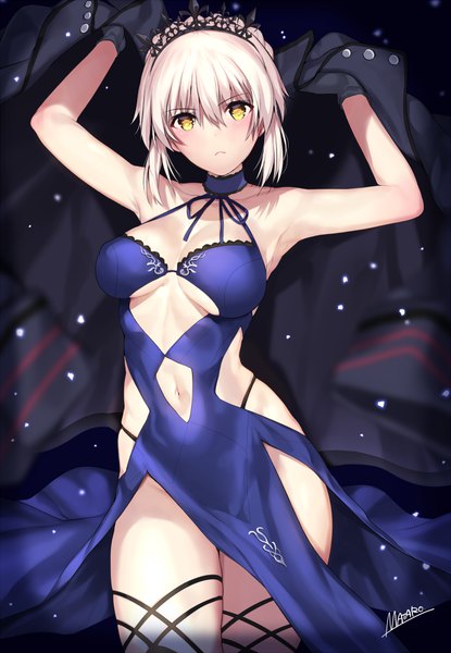 Anime picture 700x1012 with fate (series) fate/grand order artoria pendragon (all) saber alter matarou (genkai toppa) single tall image looking at viewer blush fringe short hair breasts light erotic blonde hair hair between eyes large breasts bare shoulders signed yellow eyes payot