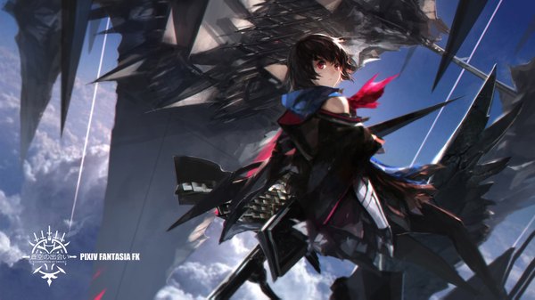 Anime picture 1890x1063 with original pixiv fantasia pixiv fantasia fallen kings paradise (character) swd3e2 single looking at viewer highres short hair red eyes brown hair wide image cloud (clouds) watermark black wings girl dress gloves pantyhose wings