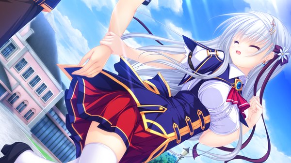 Anime picture 1920x1080 with justy nasty whirlpool (studio) onose mana mikagami mamizu long hair blush highres open mouth wide image game cg white hair eyes closed girl thighhighs uniform hair ornament ribbon (ribbons) hair ribbon school uniform white thighhighs