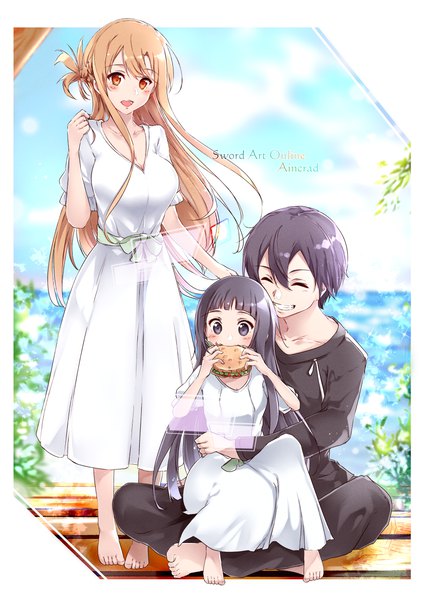Anime picture 1770x2500 with sword art online a-1 pictures yuuki asuna kirigaya kazuto yui (sao) shi-2 long hair tall image blush fringe highres short hair breasts open mouth black hair smile hair between eyes brown hair standing sitting