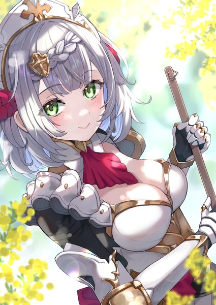 Anime picture 1700x2400 with genshin impact noelle (genshin impact) wanatsu 15 single tall image looking at viewer blush short hair light erotic smile green eyes cleavage silver hair upper body girl