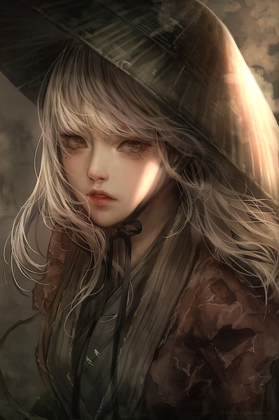 Anime picture 1000x1502 with original shale single long hair tall image fringe brown eyes signed looking away upper body white hair traditional clothes parted lips lips realistic mole mole under eye lipstick portrait light