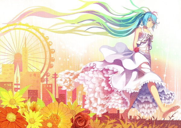 Anime picture 1414x1000 with vocaloid hatsune miku madyy single blue eyes twintails bare shoulders very long hair multicolored hair wavy hair girl dress flower (flowers) sundress