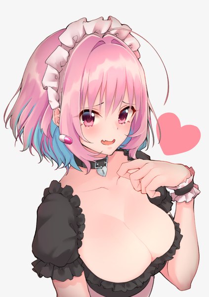 Anime picture 595x842 with idolmaster idolmaster cinderella girls yumemi riamu kemololi single tall image blush short hair breasts open mouth light erotic simple background large breasts white background pink hair ahoge pink eyes multicolored hair from above two-tone hair