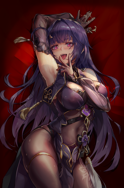 Anime picture 4406x6686 with honkai impact 3rd honkai (series) raiden mei raiden mei (herrscher of thunder) zombie-andy single long hair tall image looking at viewer blush fringe highres breasts open mouth light erotic large breasts absurdres purple hair lying blunt bangs