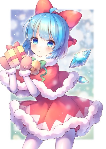 Anime picture 715x1000 with touhou cirno pjrmhm coa single tall image blush short hair blue eyes smile blue hair christmas girl bow hair bow pantyhose wings gift white pantyhose gift box mittens