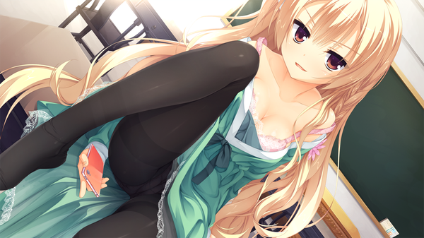 Anime picture 1280x720 with amairo islenauts yuzusoft shirley warwick kobuichi single long hair looking at viewer blush fringe breasts open mouth light erotic blonde hair wide image sitting bare shoulders brown eyes game cg cleavage bent knee (knees)