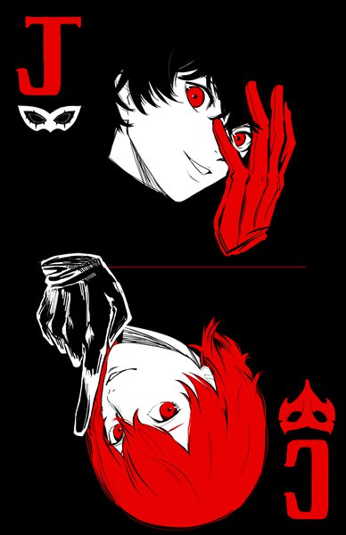 Anime picture 825x1275 with persona 5 persona amamiya ren akechi gorou uncle skellyman tall image looking at viewer fringe short hair black hair simple background smile hair between eyes red eyes red hair multiple boys black background face card (medium) boy