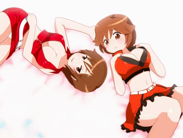 Anime picture 1200x905 with vocaloid meiko sakine meiko tadahama (artist) looking at viewer blush short hair breasts light erotic smile brown hair large breasts multiple girls brown eyes lying from above pantyshot time paradox girl navel
