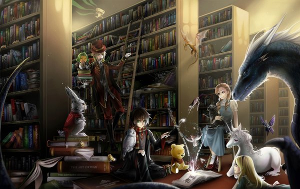Anime picture 1356x858 with alice in wonderland harry potter winnie the pooh the wizard of oz the last unicorn the last remnant alice (alice in wonderland) white rabbit harry potter (character) dorothy willy wonka saphira the stinky cheeseman oompa lumpa hedwig matthius the three terrible trins synpai long hair short hair