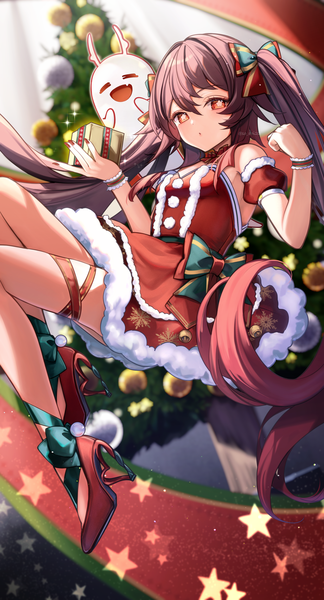 Anime picture 2160x4000 with genshin impact hu tao (genshin impact) boo tao (genshin impact) asahi (vjss4548) single tall image looking at viewer fringe highres hair between eyes red eyes brown hair twintails full body very long hair nail polish bare legs high heels symbol-shaped pupils christmas