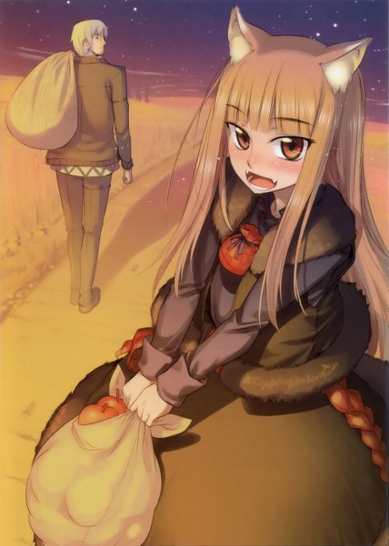 Anime picture 1990x2787 with spice and wolf horo craft lawrence koume keito long hair tall image blush highres short hair open mouth brown hair brown eyes animal ears sky white hair looking back scan teeth fang (fangs) couple