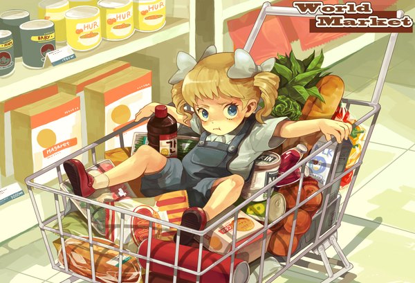 Anime picture 2200x1500 with original apple972 highres blue eyes blonde hair sitting twintails frown orange background shopping bow hair bow food bottle child (children) vegetables shelf can milk overalls