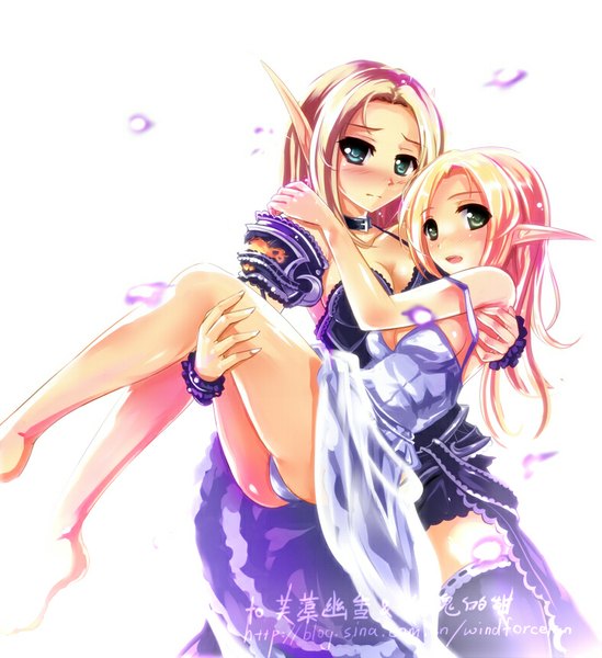 Anime picture 786x859 with world of warcraft blizzard entertainment blood elf windforcelan long hair tall image blush blue eyes light erotic blonde hair simple background white background multiple girls green eyes pointy ears pantyshot elf girl dress underwear