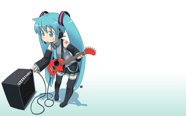 Anime picture 1920x1200 with vocaloid hatsune miku highres wide image twintails pleated skirt shadow zettai ryouiki chibi girl detached sleeves necktie headphones wire (wires) guitar electric guitar amplifier guitar amplifier