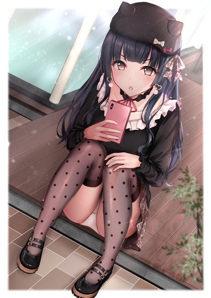 Anime picture 1032x1457 with idolmaster idolmaster shiny colors mayuzumi fuyuko monaka curl single long hair tall image looking at viewer blush fringe breasts open mouth light erotic black hair sitting holding brown eyes full body blunt bangs long sleeves