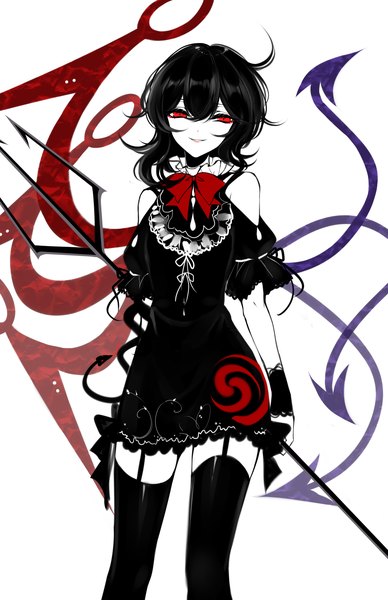 Anime-Bild 2200x3400 mit touhou houjuu nue sheya single tall image looking at viewer fringe highres short hair black hair simple background smile hair between eyes red eyes white background parted lips polychromatic asymmetrical wings girl thighhighs