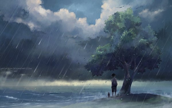 Anime picture 1000x630 with original megatruh short hair standing sky cloud (clouds) wind from behind back rain plant (plants) animal tree (trees) water sea leaf (leaves) wave (waves)