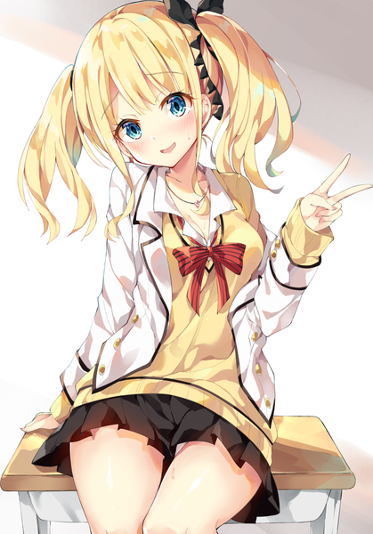 Anime picture 1058x1514 with kishuku gakkou no juliet lidenfilms juliet persia unacchi (nyusankin) single long hair tall image blush blue eyes light erotic simple background blonde hair white background sitting twintails cleavage head tilt pleated skirt light smile arm support