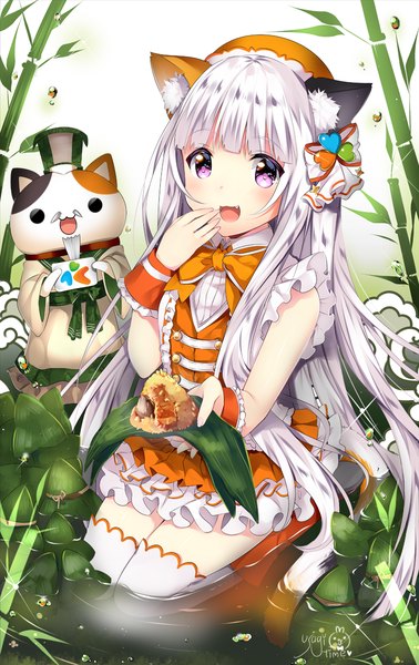 Anime picture 757x1200 with ipass (yi ka tong) xiao pa usagihime single long hair tall image blush fringe open mouth sitting purple eyes signed animal ears silver hair blunt bangs :d cat ears fang (fangs) kneeling finger to mouth