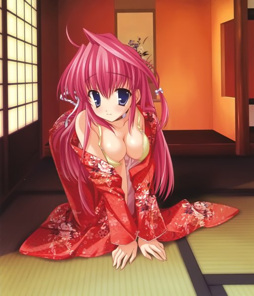 Anime picture 1895x2207 with gift eternal rainbow fukamine riko tall image highres breasts blue eyes light erotic pink hair japanese clothes girl kimono open kimono