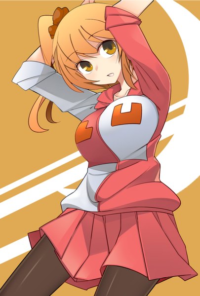 Anime picture 965x1428 with kagerou project shaft (studio) kisaragi momo total9 single tall image short hair open mouth blonde hair brown eyes looking away pleated skirt one side up arms behind head girl skirt pantyhose