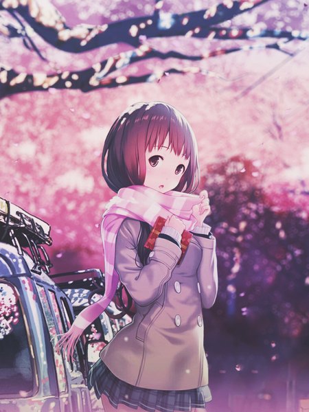 Anime picture 774x1032 with 5 centimeters per second ilog ogawa marika mana kakkowarai dinocojv single long hair tall image looking at viewer blush fringe open mouth brown hair brown eyes outdoors pleated skirt :o cherry blossoms plaid skirt valentine