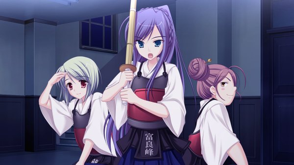 Anime picture 1280x720 with kisaragi gold star (game) long hair short hair open mouth blue eyes smile red eyes brown hair wide image multiple girls yellow eyes game cg purple hair japanese clothes green hair kendo girl 3 girls shinai