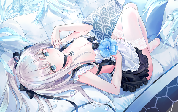 Anime picture 1911x1200 with original nabi (uz02) single long hair blush fringe highres breasts blue eyes light erotic smile twintails holding cleavage silver hair bent knee (knees) indoors lying blunt bangs from above