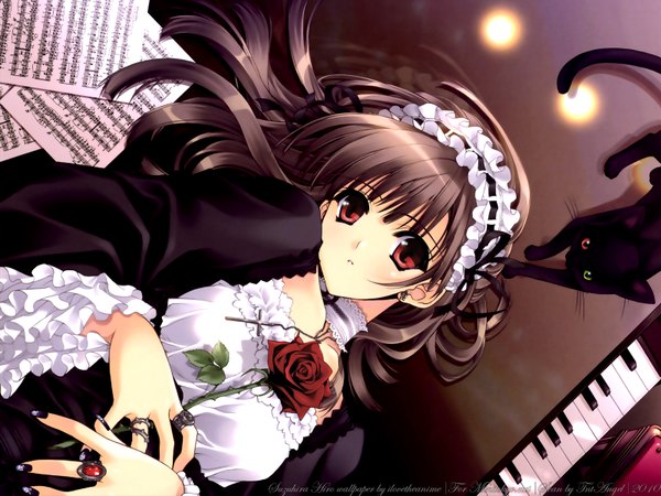 Anime picture 1600x1200 with chronicle-suzuhira hiro artworks suzuhira hiro long hair red eyes brown hair flower (flowers) headdress rose (roses) maid headdress jewelry cat red rose piano