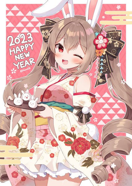 Anime picture 700x988 with original mauve single long hair tall image looking at viewer blush fringe open mouth hair between eyes red eyes brown hair twintails one eye closed wink drill hair border ;d new year outside border