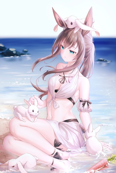 Anime picture 2500x3720 with arknights amiya (arknights) amaroku neko single tall image highres light erotic sitting animal ears payot looking away ponytail aqua eyes arm support sparkle bunny ears partially submerged animal on head girl swimsuit