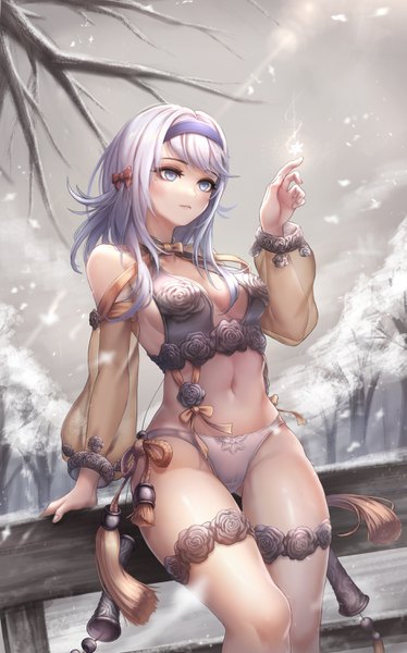 Anime picture 1871x3000 with blade & soul julia (blade & soul) kie (wylee2212) single long hair tall image blush fringe highres breasts light erotic looking away sky silver hair outdoors parted lips arm up light smile wind sunlight