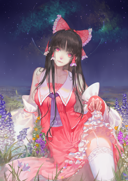 Anime picture 1000x1413 with touhou hakurei reimu hoshimawa single long hair tall image looking at viewer light erotic black hair red eyes sky traditional clothes japanese clothes night dress lift nontraditional miko girl thighhighs dress bow
