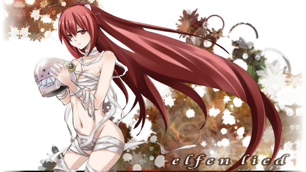 Anime picture 2133x1200 with elfen lied arms corporation lucy single looking at viewer highres light erotic wide image brown eyes red hair very long hair naked bandage girl navel bandage (bandages) helmet