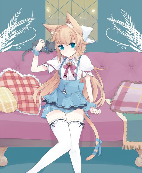 Anime picture 1750x2130 with original mizuki (koko lost) long hair tall image highres blue eyes blonde hair animal ears animal tail cat ears bell collar girl thighhighs ribbon (ribbons) animal white thighhighs pillow bell cat couch