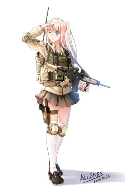 Anime picture 3897x5826 with original allenes single long hair tall image blush highres open mouth blue eyes simple background blonde hair white background absurdres one eye closed wink girl thighhighs skirt uniform weapon